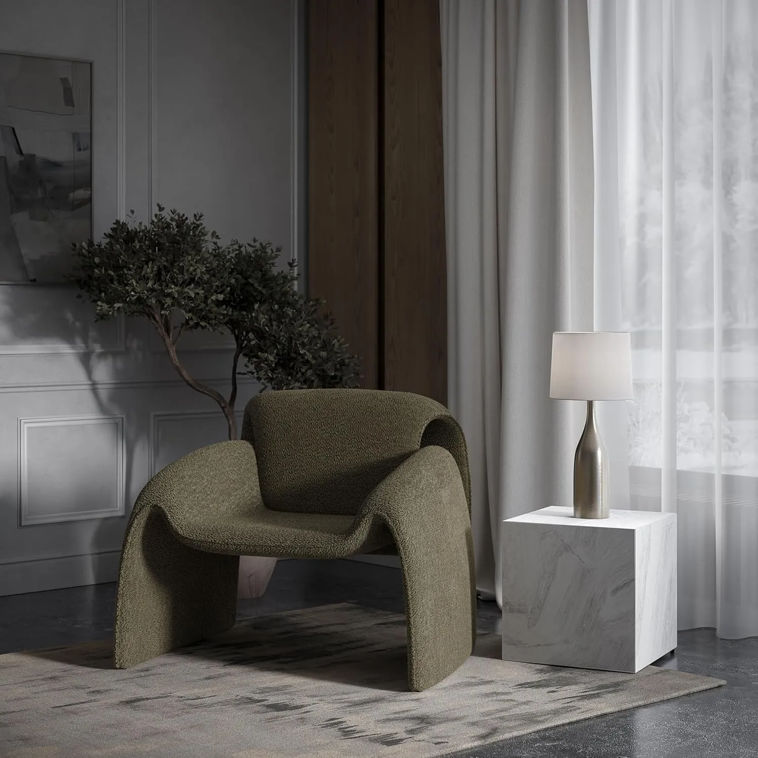 Jofran Dolce Boucle Mid-Century Modern Bent Angle Upholstered Accent Chair,Forest