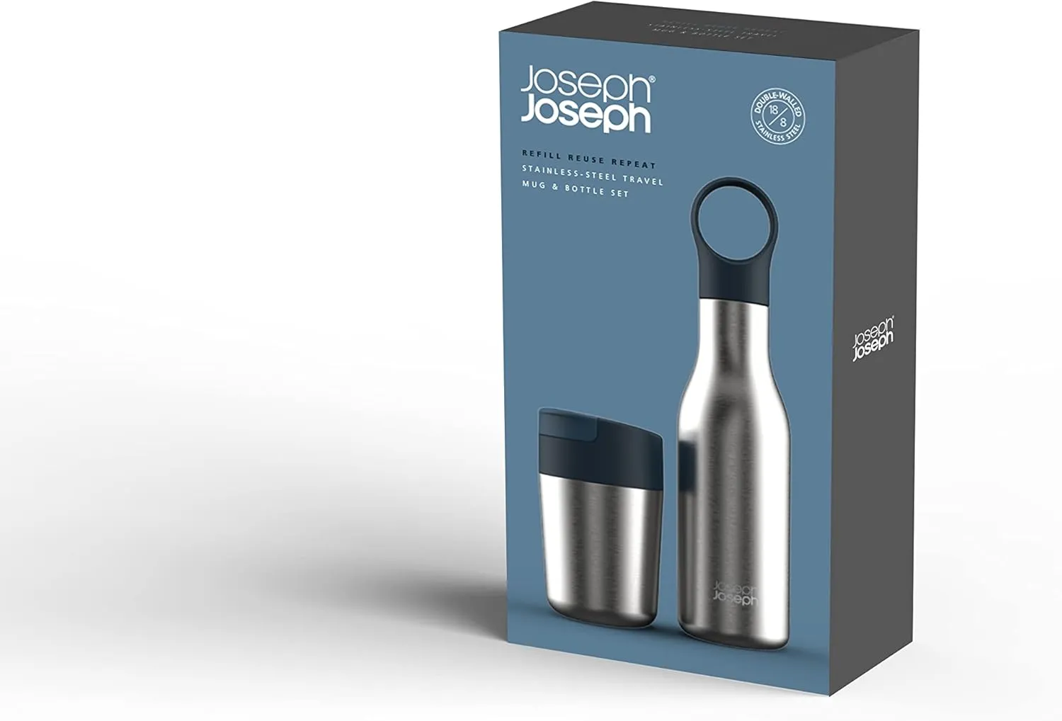 Joseph Joseph Refill Reuse Repeat 2-piece Travel Mug & Bottle Set, Stainless Steel, reusable coffee cup and insulated thermal bottle