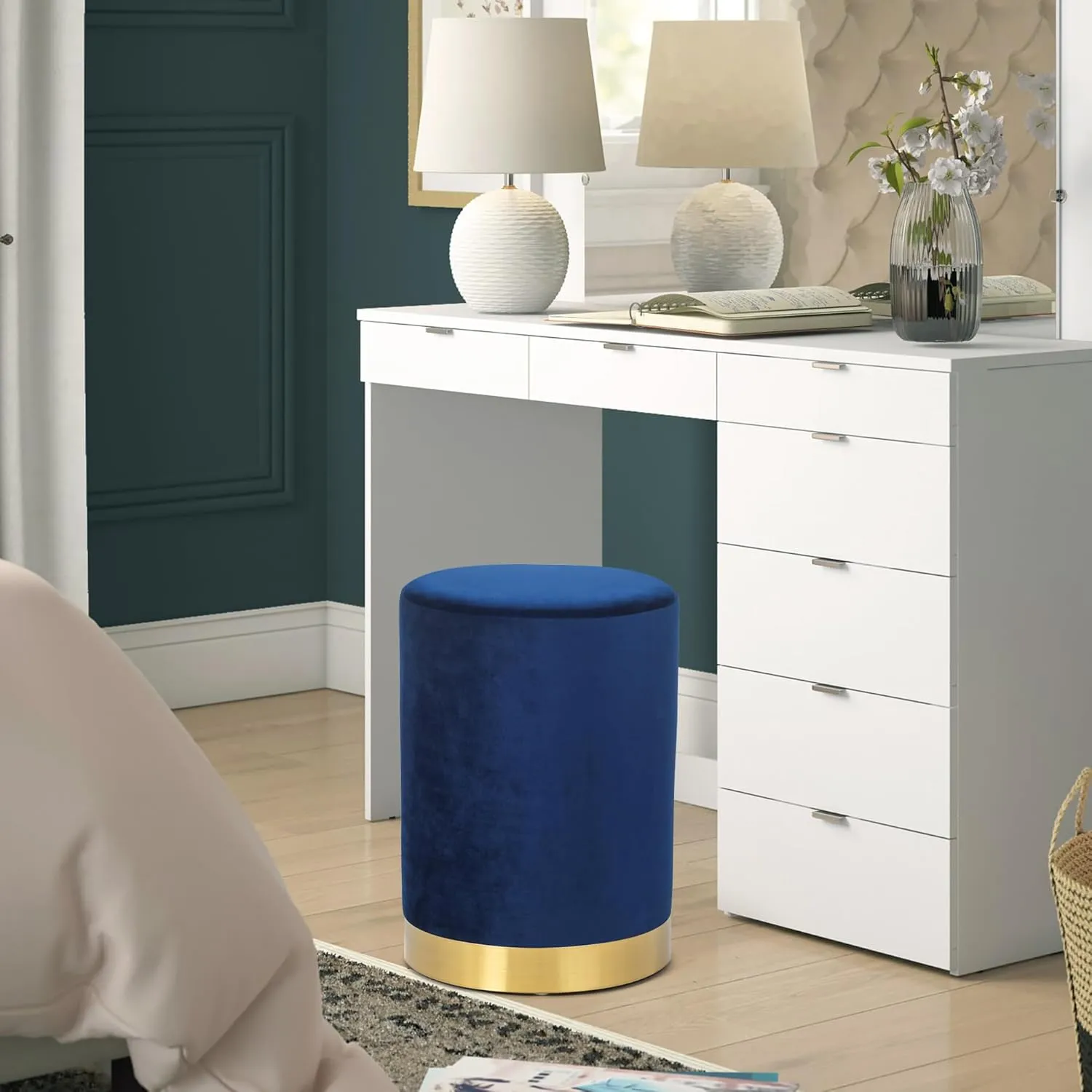 Joveco Round Ottoman, Velvet Footrest Stool with Golden Metal Base, Modern Upholstered Vanity Stool Chair Padded Seat for Living Room Bedroom, Blue