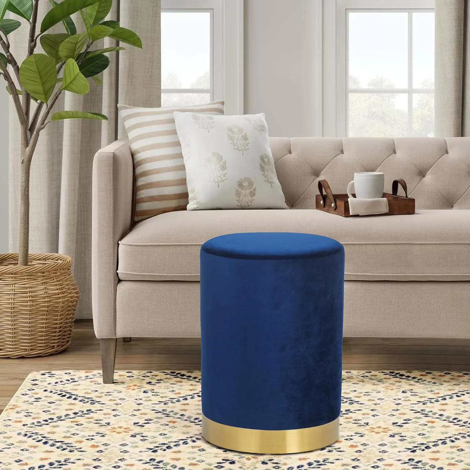 Joveco Round Ottoman, Velvet Footrest Stool with Golden Metal Base, Modern Upholstered Vanity Stool Chair Padded Seat for Living Room Bedroom, Blue