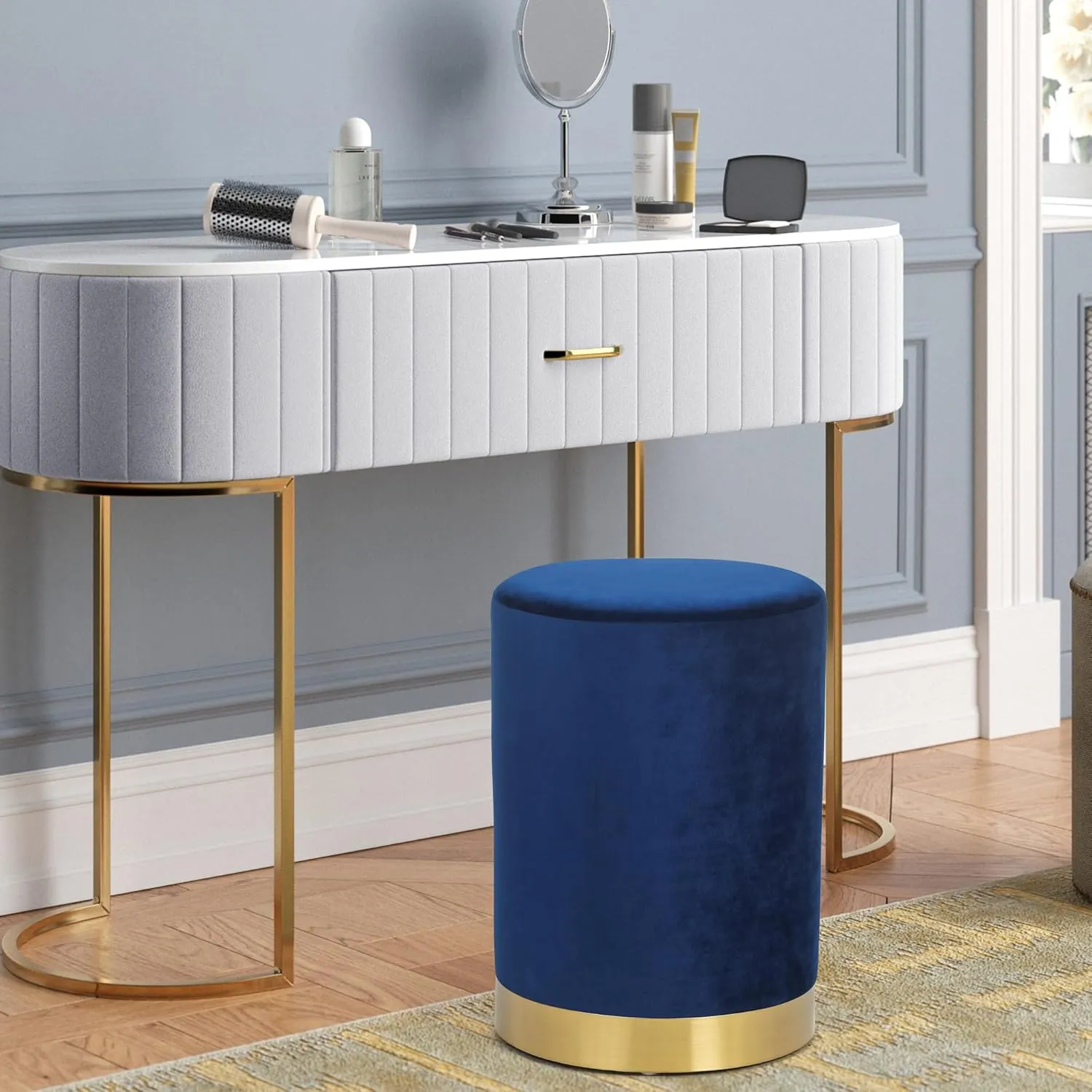 Joveco Round Ottoman, Velvet Footrest Stool with Golden Metal Base, Modern Upholstered Vanity Stool Chair Padded Seat for Living Room Bedroom, Blue
