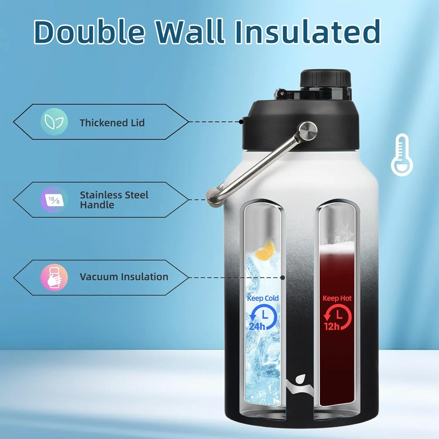 Jug with Handle,87 oz Insulated Water Bottle with Carrying Pouch,Double Wall Vacuum Stainless Steel Metal Bottle,Day Night