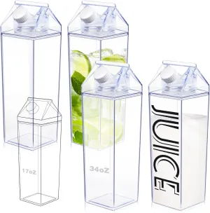KALYLOC 4Pcs 34 Oz Milk Carton Water Bottle, Clear Plastic Square Milk Bottles, Portable Reusable Milk Box Juice Water Container for Travelling Sports Camping Outdoor Activities (Clean 4pcs)