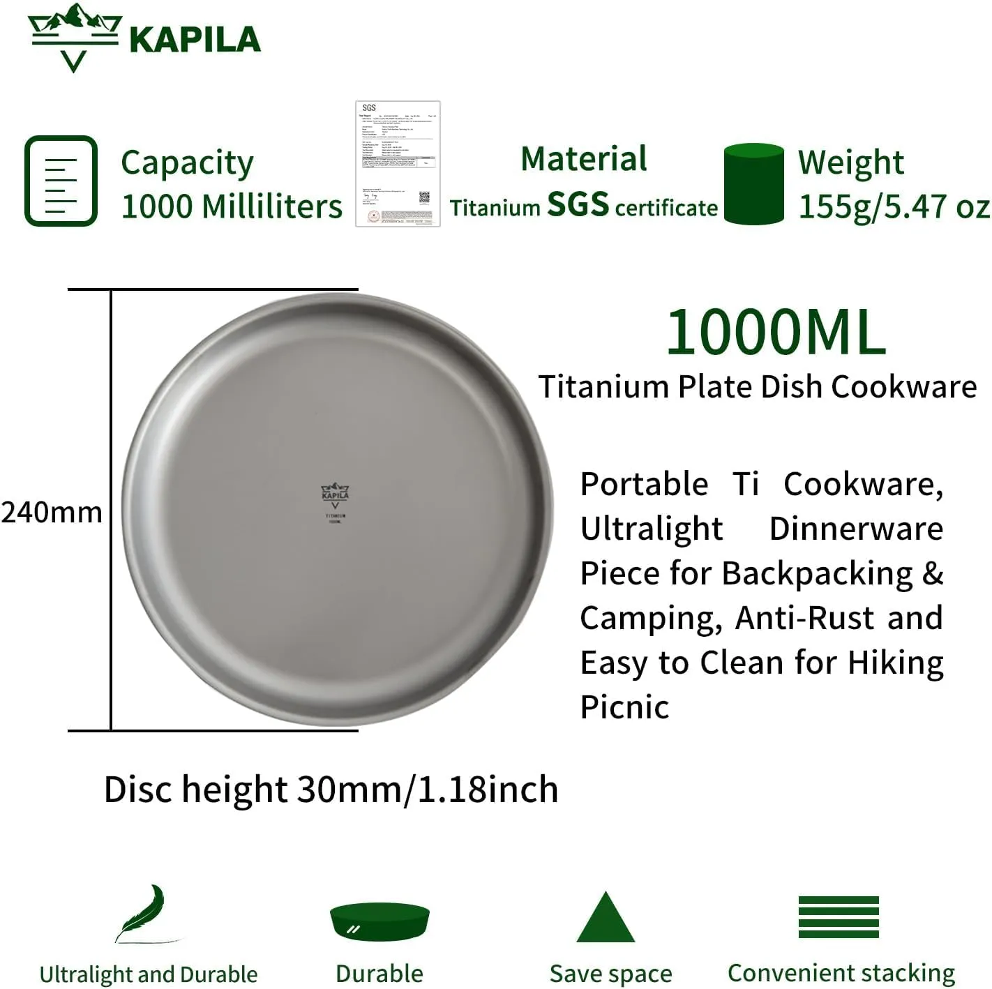 KAPILA Titanium Camping Plate, Dish, Portable Ti Cookware, Ultralight Dinnerware Piece for Backpacking & Camping, Anti-Rust and Easy to Clean for Hiking Picnic (1000ml)