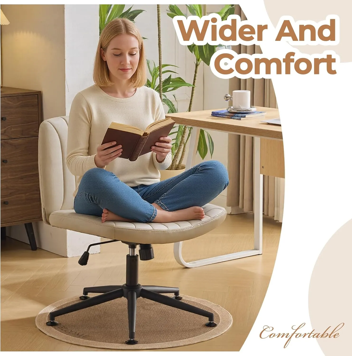 Karl home Criss Cross Chair Armless Desk Chair with Wheels Cross Legged Office Swivel Chair Wide Adjustable Comfy Padded Vanity Chair with Dual Purpose Base, PU Khaki