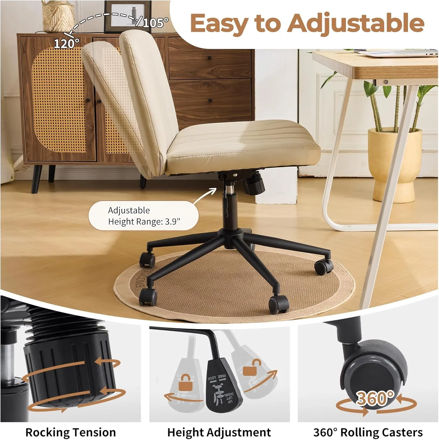 Karl home Criss Cross Chair Armless Desk Chair with Wheels Cross Legged Office Swivel Chair Wide Adjustable Comfy Padded Vanity Chair with Dual Purpose Base, PU Khaki