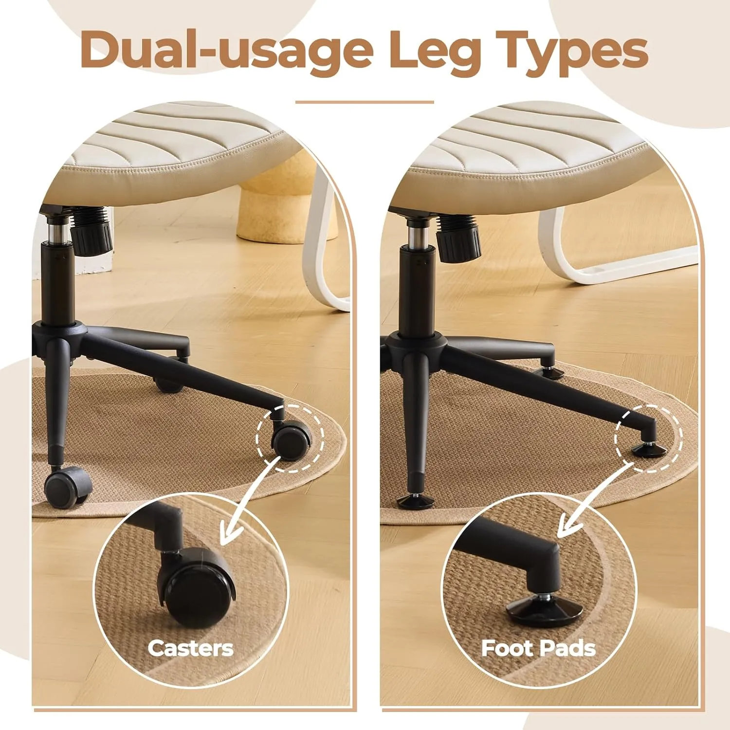 Karl home Criss Cross Chair Armless Desk Chair with Wheels Cross Legged Office Swivel Chair Wide Adjustable Comfy Padded Vanity Chair with Dual Purpose Base, PU Khaki