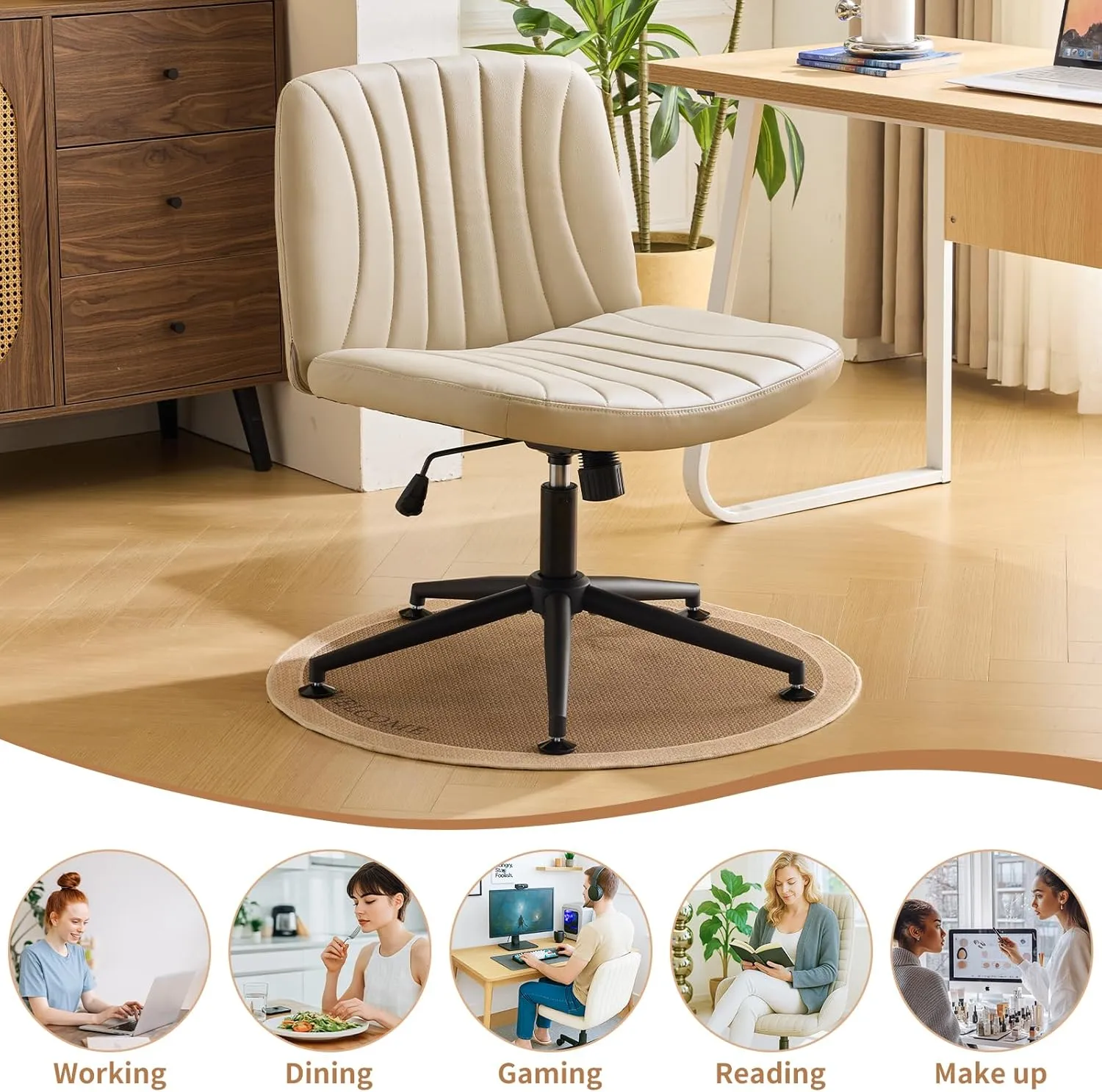 Karl home Criss Cross Chair Armless Desk Chair with Wheels Cross Legged Office Swivel Chair Wide Adjustable Comfy Padded Vanity Chair with Dual Purpose Base, PU Khaki