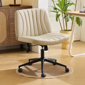 Karl home Criss Cross Chair Armless Desk Chair with Wheels Cross Legged Office Swivel Chair Wide Adjustable Comfy Padded Vanity Chair with Dual Purpose Base, PU Khaki