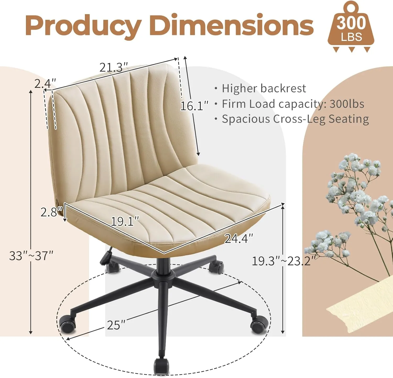 Karl home Criss Cross Chair Armless Desk Chair with Wheels Cross Legged Office Swivel Chair Wide Adjustable Comfy Padded Vanity Chair with Dual Purpose Base, PU Khaki