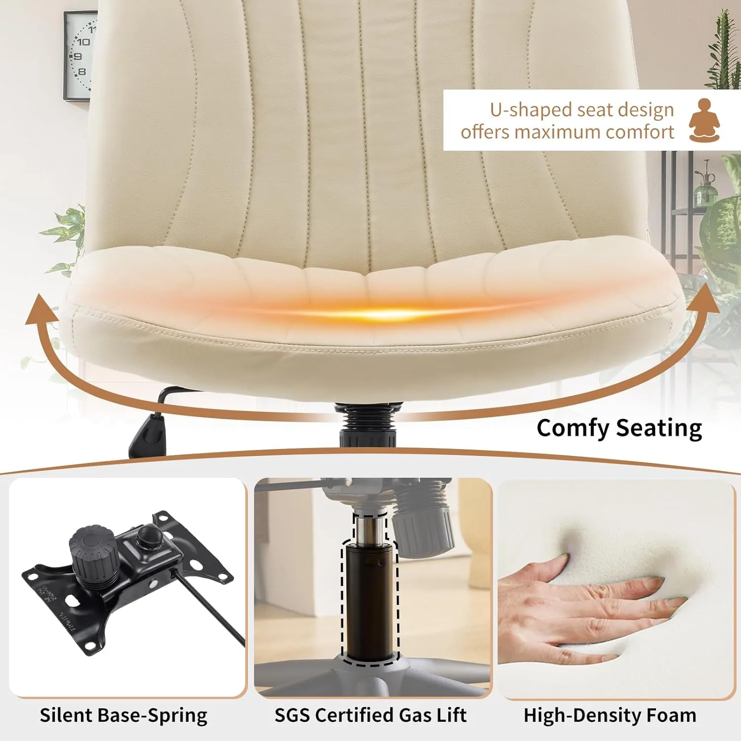 Karl home Criss Cross Chair Armless Desk Chair with Wheels Cross Legged Office Swivel Chair Wide Adjustable Comfy Padded Vanity Chair with Dual Purpose Base, PU Khaki