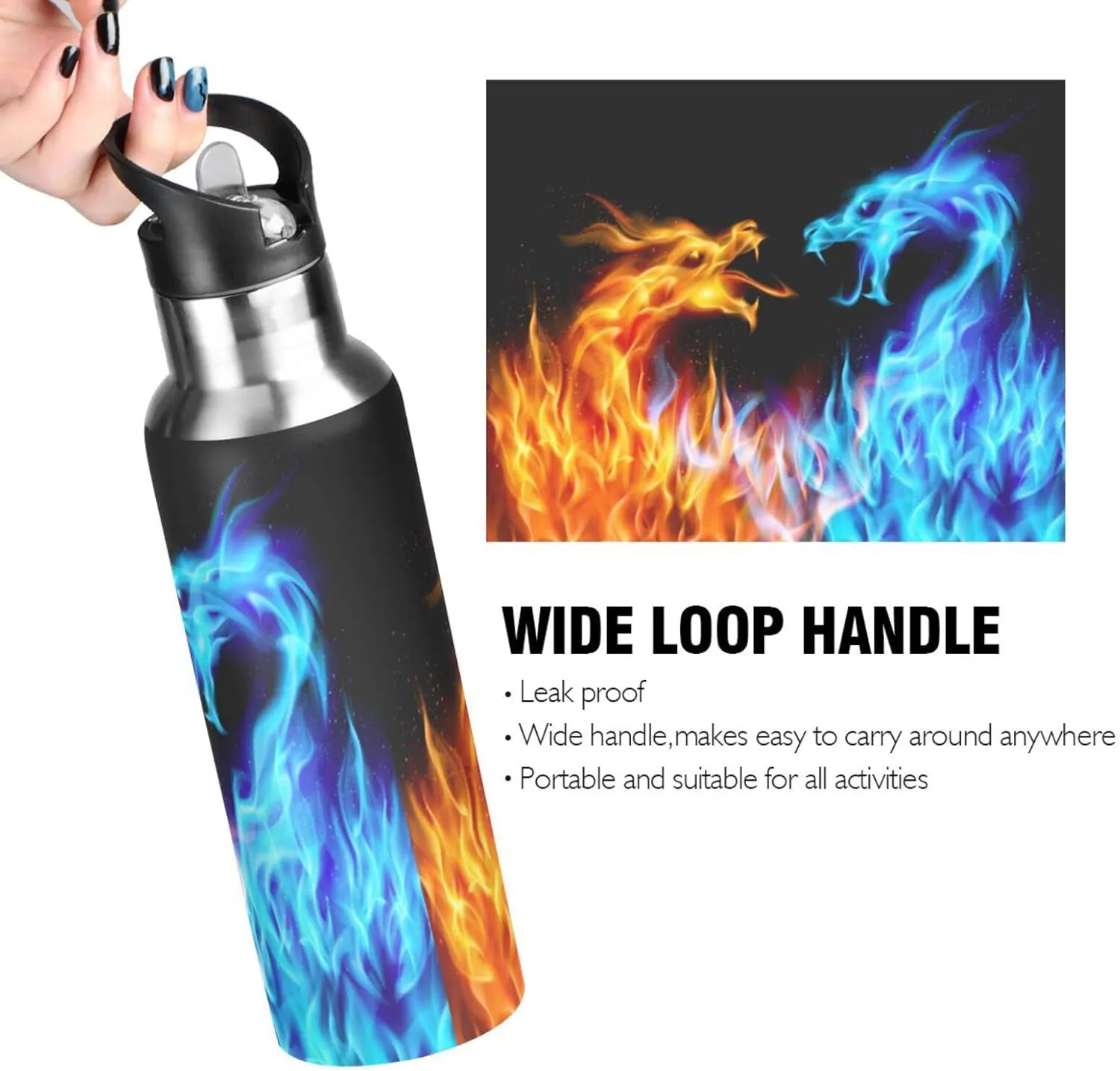 Kcldeci Red Blue Fire Dragon Sports Water Bottle 20 Oz Straw Lid Leak Proof Vacuum Insulated Stainless Steel Water Bottles Hot Cold Double Walled Thermo Mug Tumbler Travel Cup