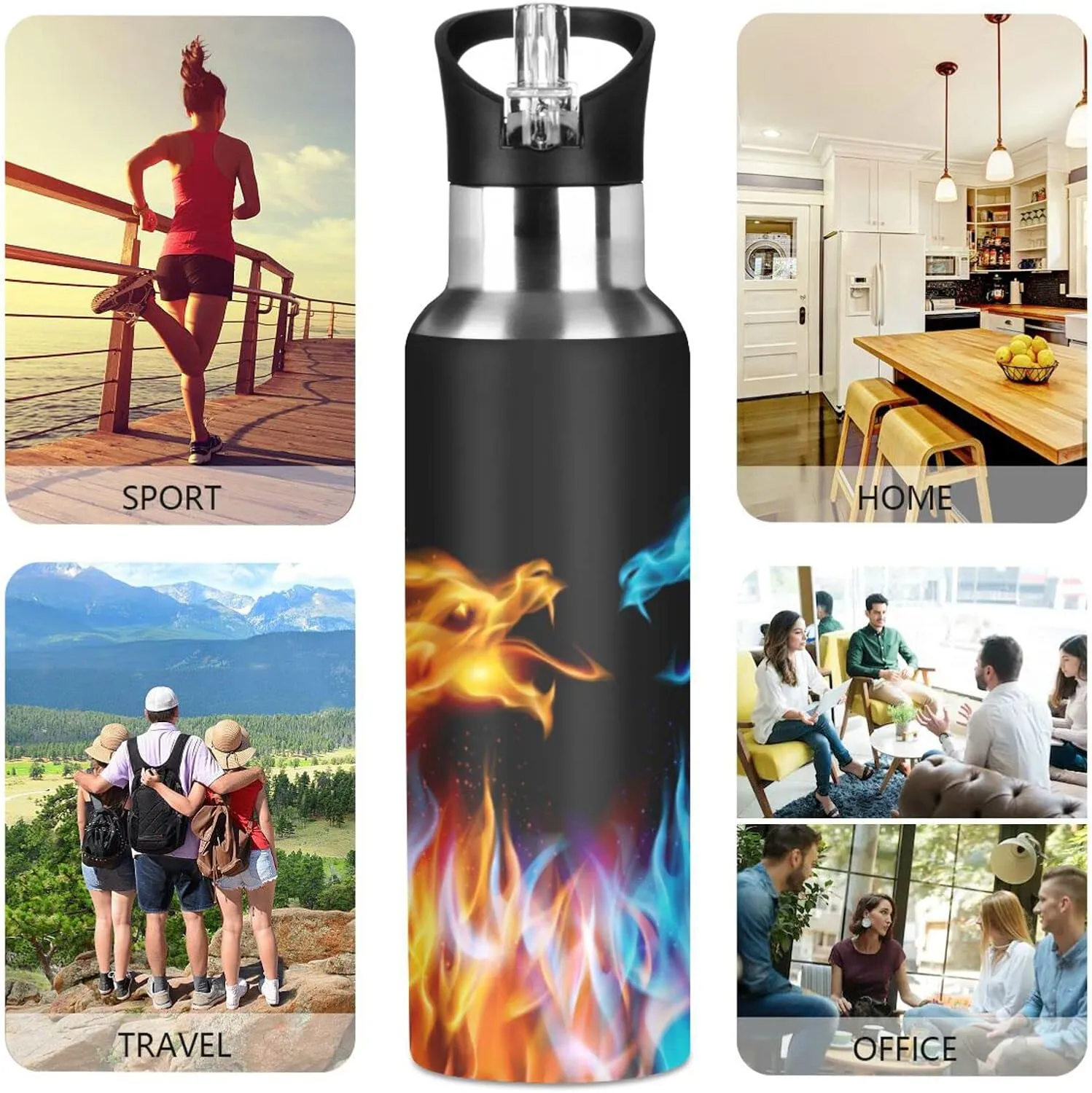 Kcldeci Red Blue Fire Dragon Sports Water Bottle 20 Oz Straw Lid Leak Proof Vacuum Insulated Stainless Steel Water Bottles Hot Cold Double Walled Thermo Mug Tumbler Travel Cup