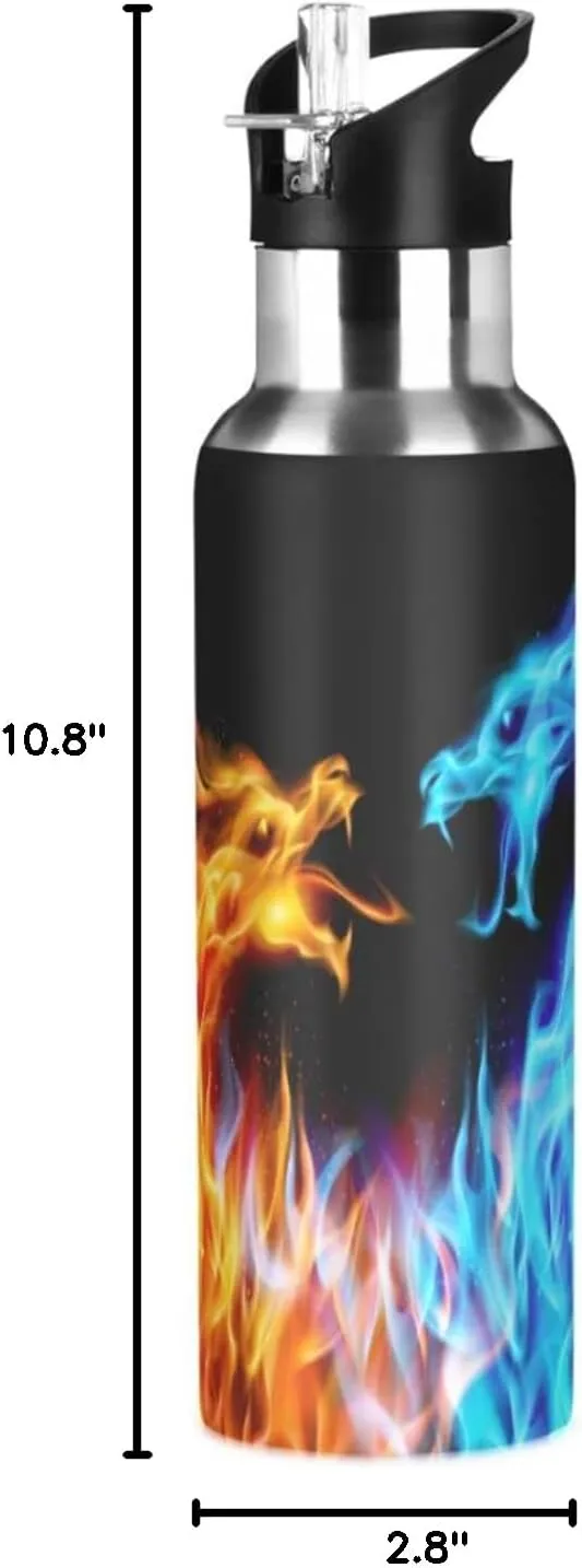 Kcldeci Red Blue Fire Dragon Sports Water Bottle 20 Oz Straw Lid Leak Proof Vacuum Insulated Stainless Steel Water Bottles Hot Cold Double Walled Thermo Mug Tumbler Travel Cup