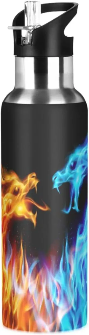 Kcldeci Red Blue Fire Dragon Sports Water Bottle 20 Oz Straw Lid Leak Proof Vacuum Insulated Stainless Steel Water Bottles Hot Cold Double Walled Thermo Mug Tumbler Travel Cup