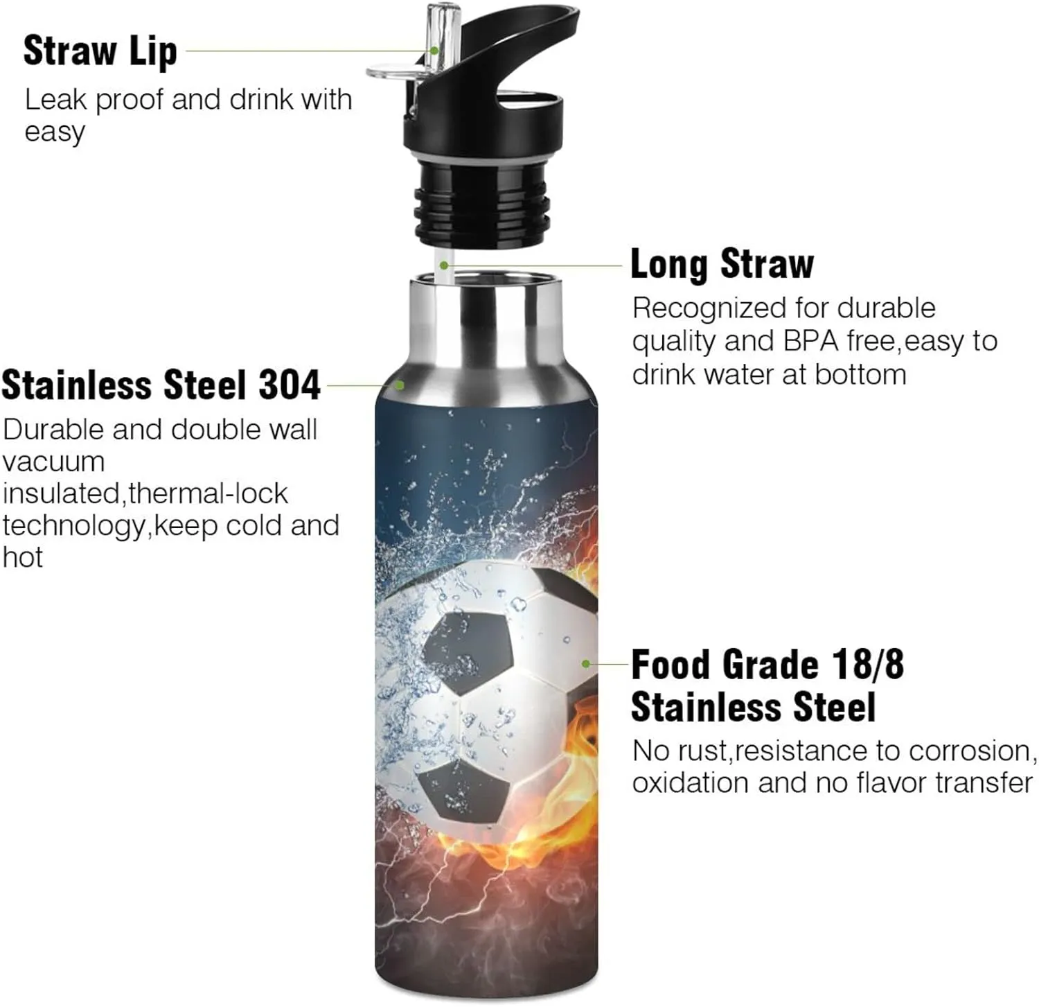 Kcldeci Soccer Ball in Fire and Water Sports Water Bottle 20 Oz Straw Lid Leak Proof Vacuum Insulated Stainless Steel Water Bottles Hot Cold Double Walled Thermo Mug Tumbler Travel Cup