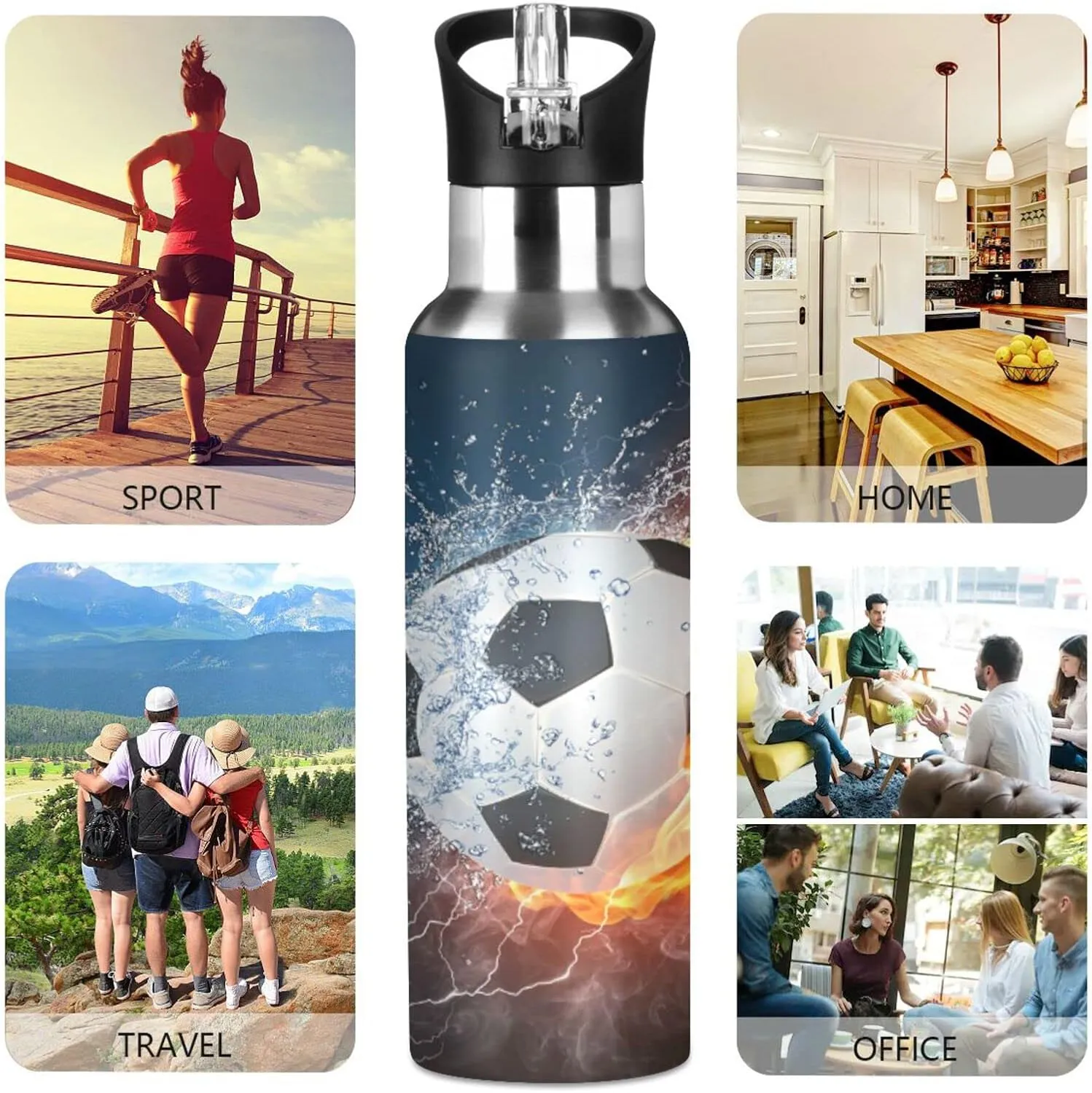 Kcldeci Soccer Ball in Fire and Water Sports Water Bottle 20 Oz Straw Lid Leak Proof Vacuum Insulated Stainless Steel Water Bottles Hot Cold Double Walled Thermo Mug Tumbler Travel Cup