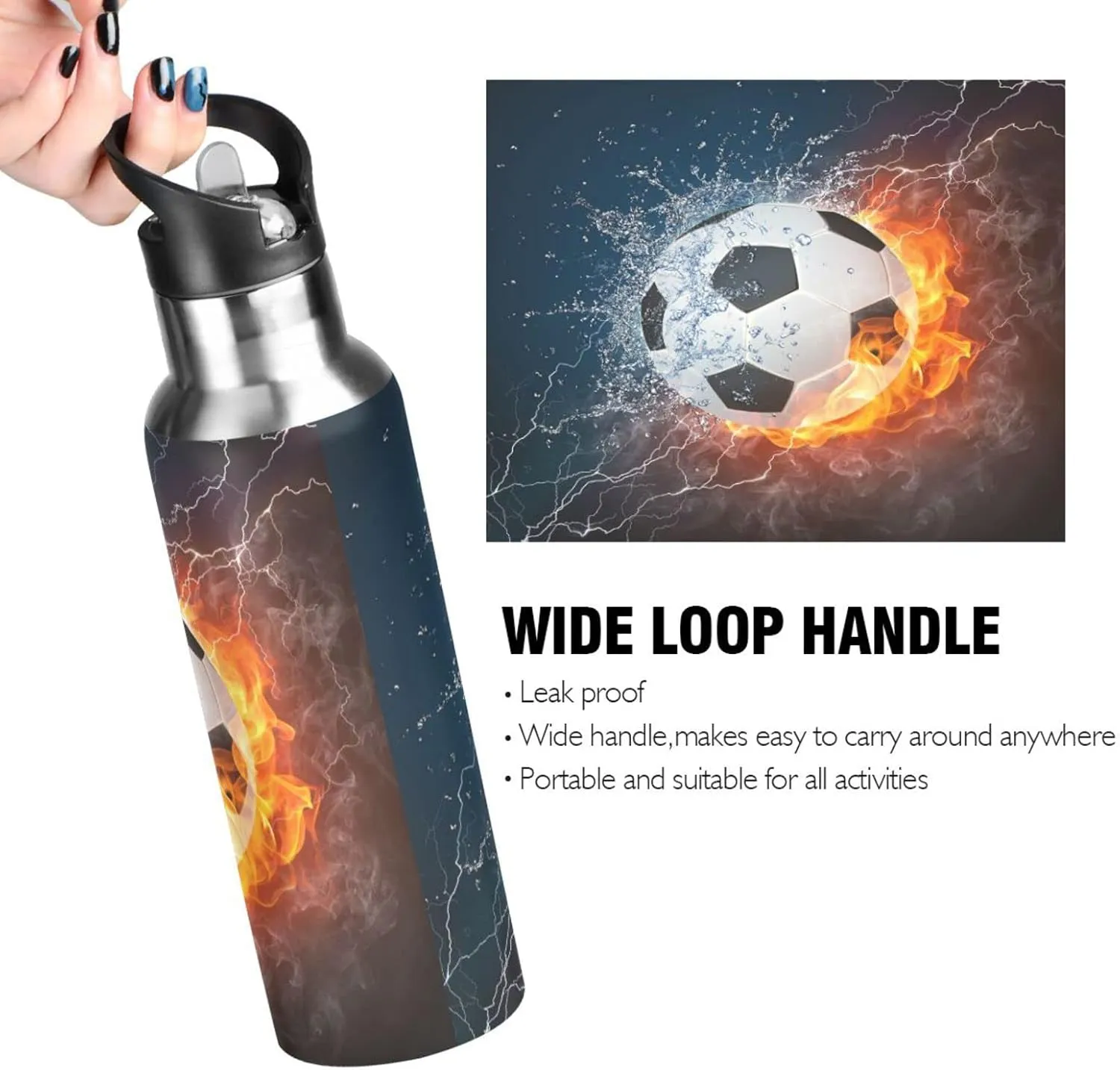 Kcldeci Soccer Ball in Fire and Water Sports Water Bottle 20 Oz Straw Lid Leak Proof Vacuum Insulated Stainless Steel Water Bottles Hot Cold Double Walled Thermo Mug Tumbler Travel Cup