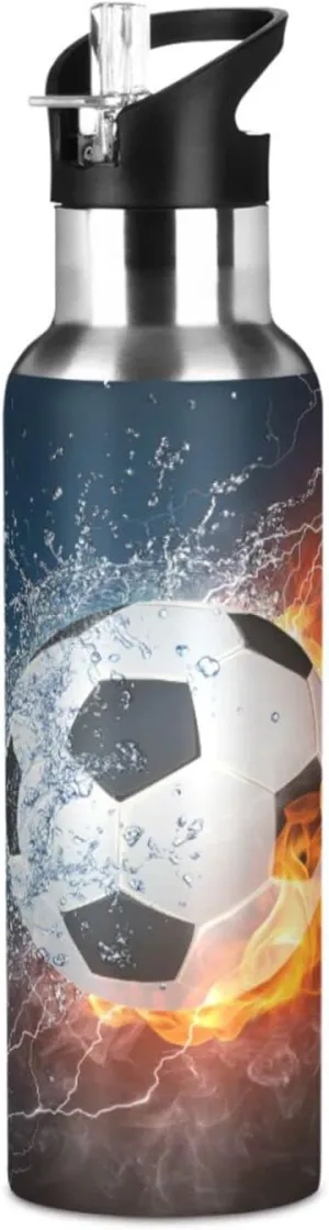 Kcldeci Soccer Ball in Fire and Water Sports Water Bottle 20 Oz Straw Lid Leak Proof Vacuum Insulated Stainless Steel Water Bottles Hot Cold Double Walled Thermo Mug Tumbler Travel Cup