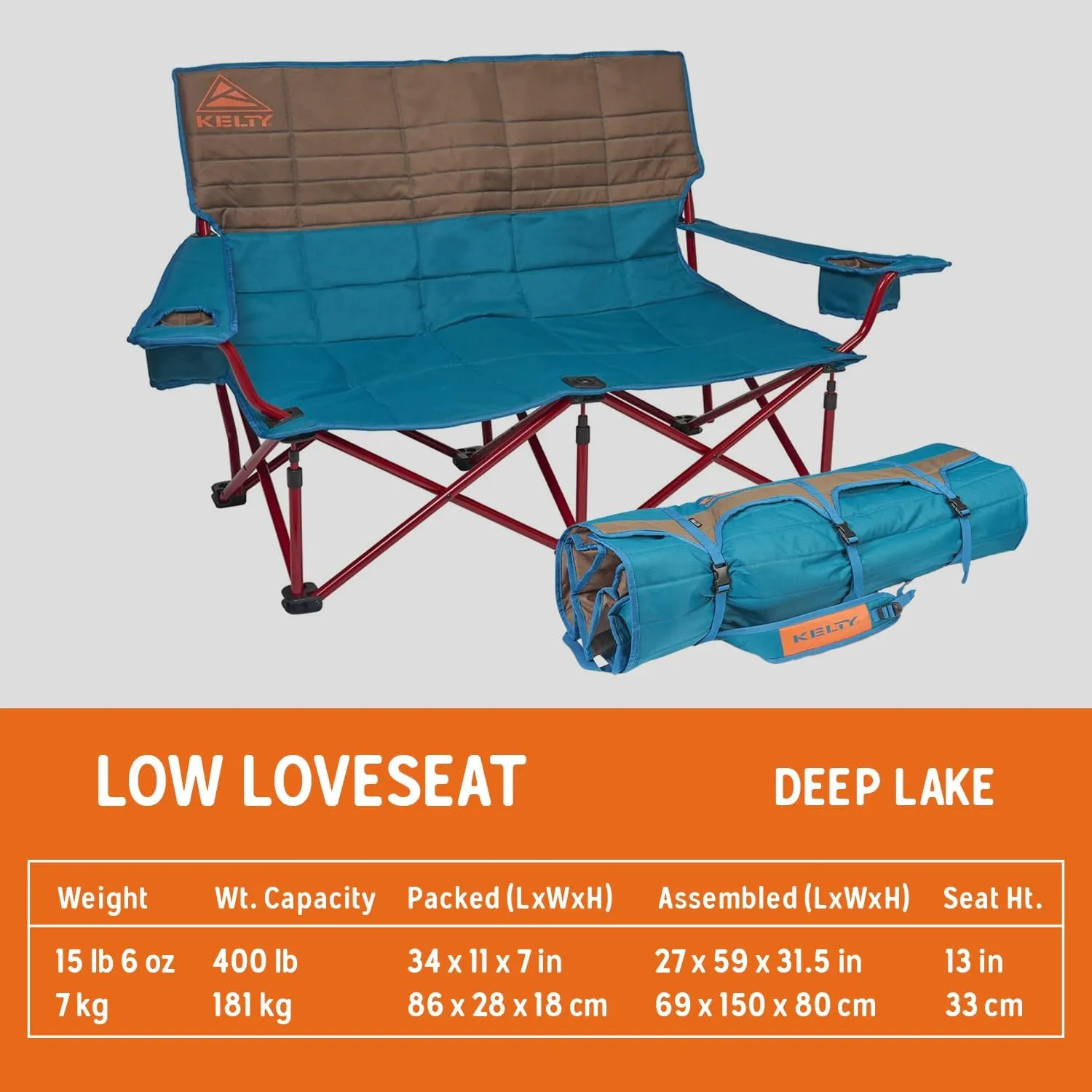 Kelty Low Loveseat Double 2 Person Camping Chair, Two Person Foldable Seat for Festivals, Concerts, Tailgates, Beach Days, Low Seat Height