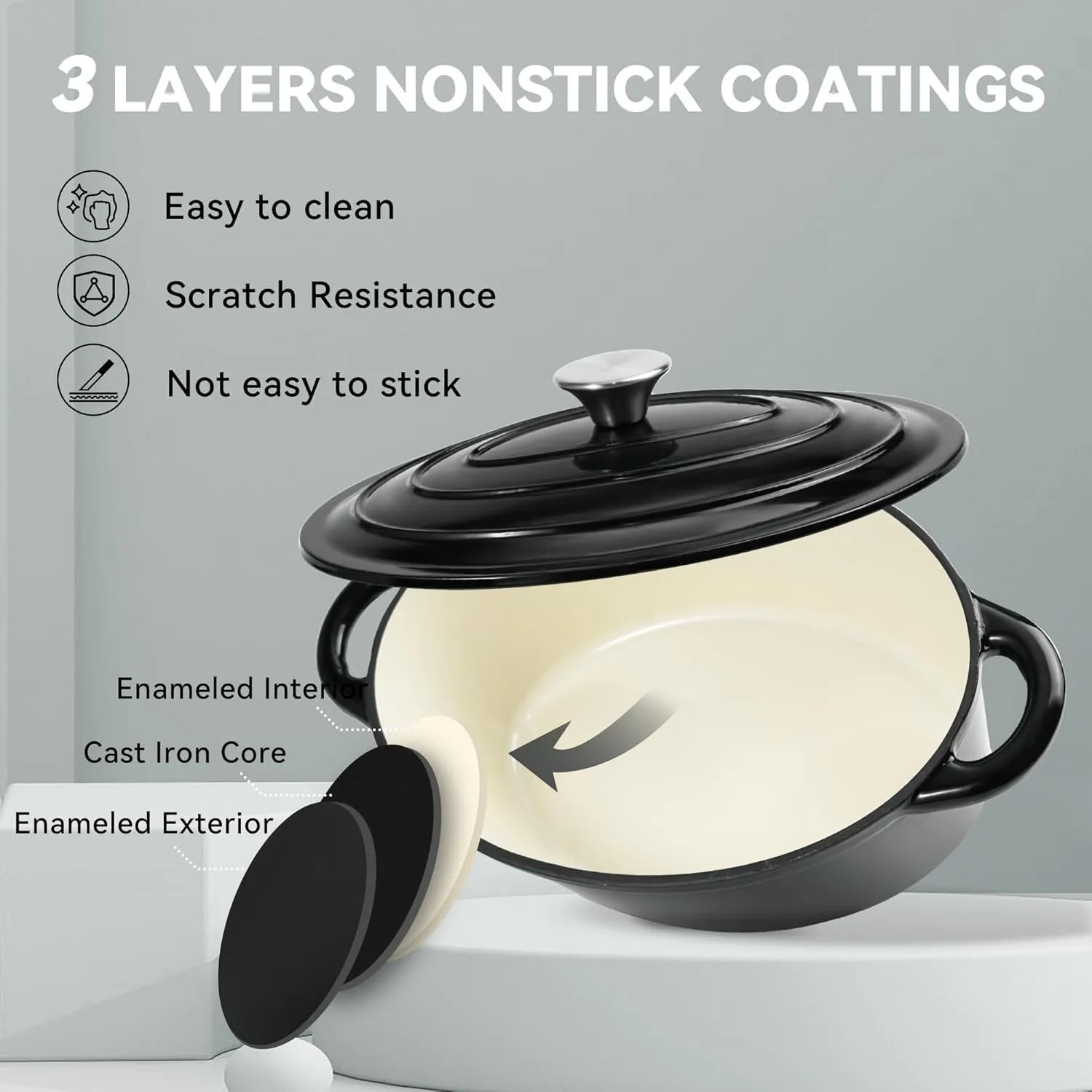 Kerilyn 4.5 Quart Enameled Oval Dutch Oven Pot with Lid and Dual Handles, Cast Iron Dutch Oven for Cooking, Bread Baking, Non-stick Enamel Coated Cookware (Black)