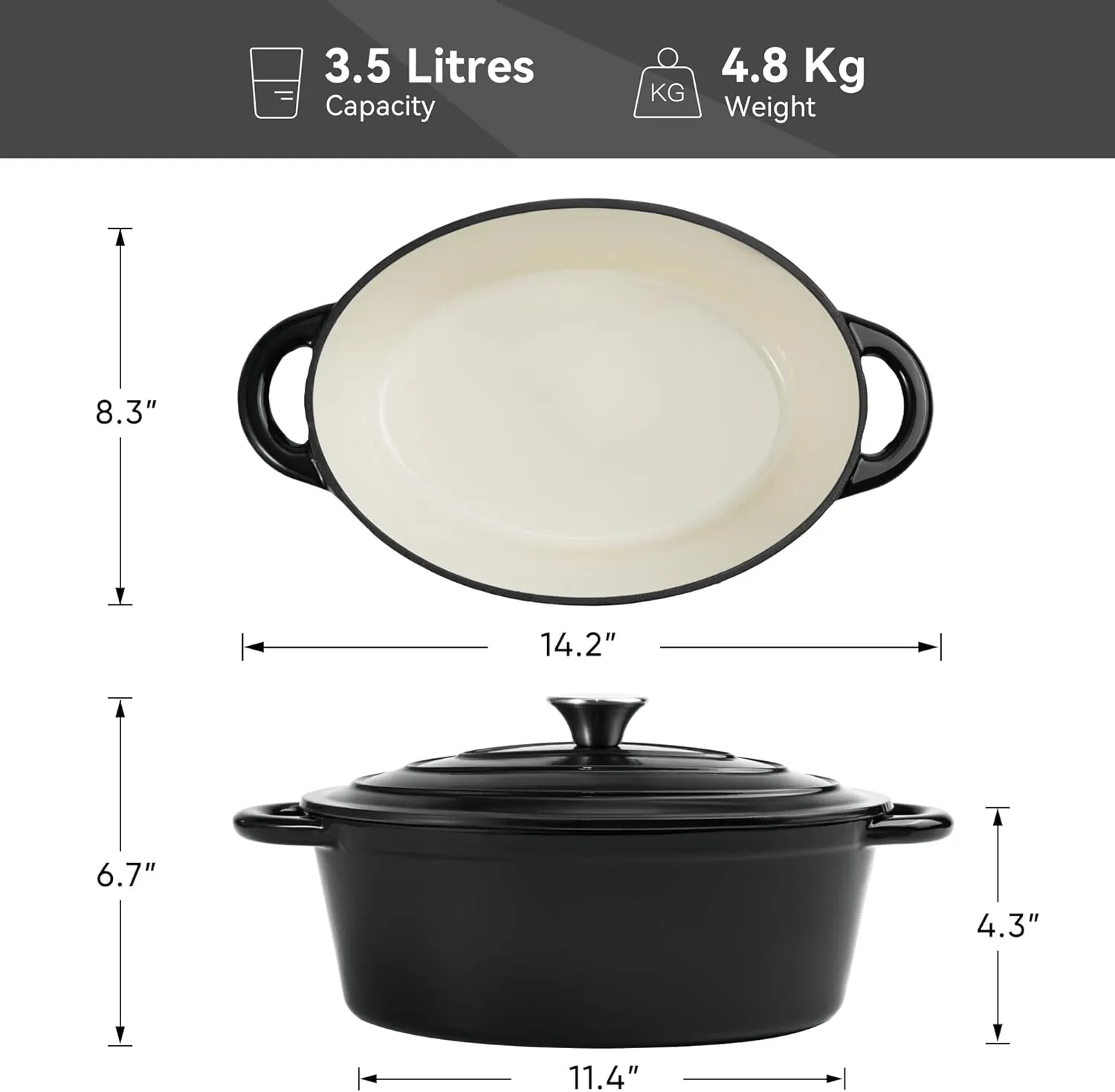 Kerilyn 4.5 Quart Enameled Oval Dutch Oven Pot with Lid and Dual Handles, Cast Iron Dutch Oven for Cooking, Bread Baking, Non-stick Enamel Coated Cookware (Black)