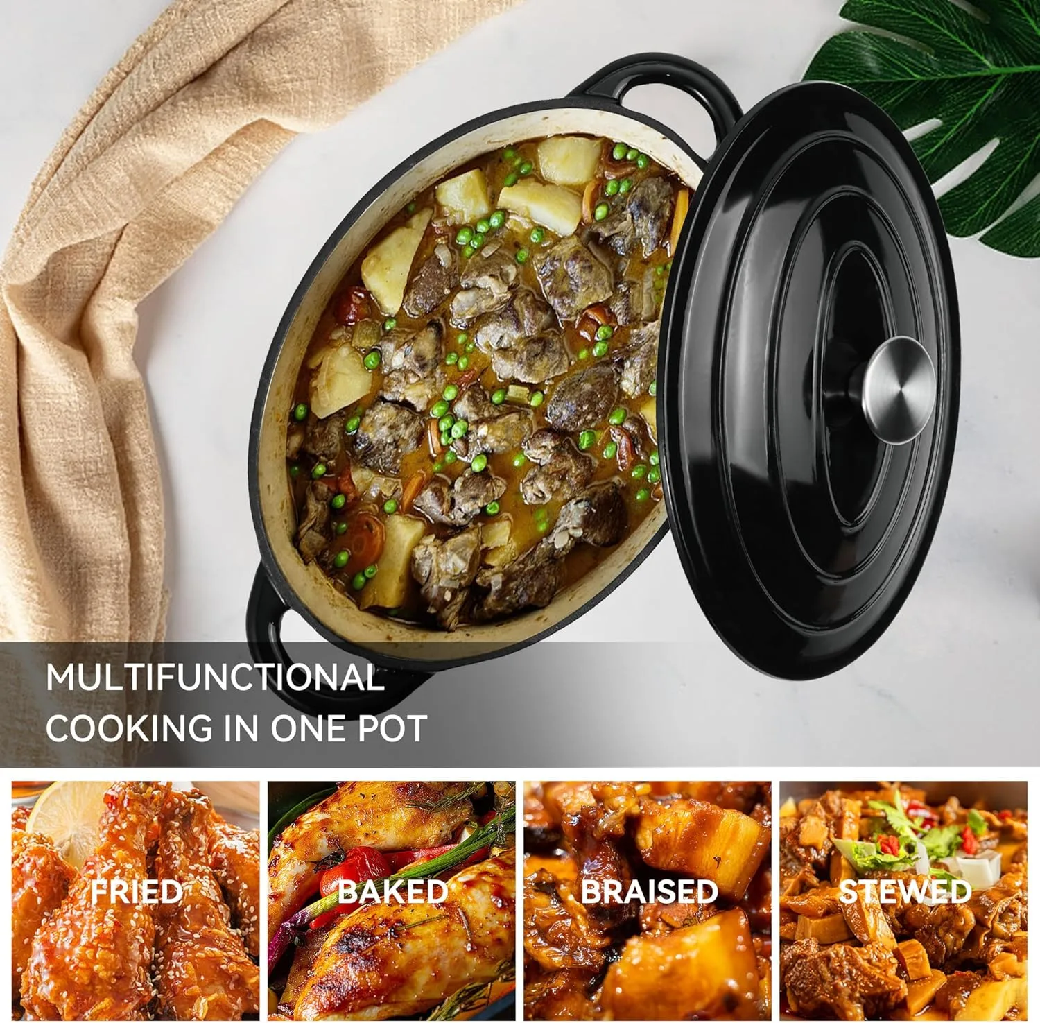 Kerilyn 4.5 Quart Enameled Oval Dutch Oven Pot with Lid and Dual Handles, Cast Iron Dutch Oven for Cooking, Bread Baking, Non-stick Enamel Coated Cookware (Black)