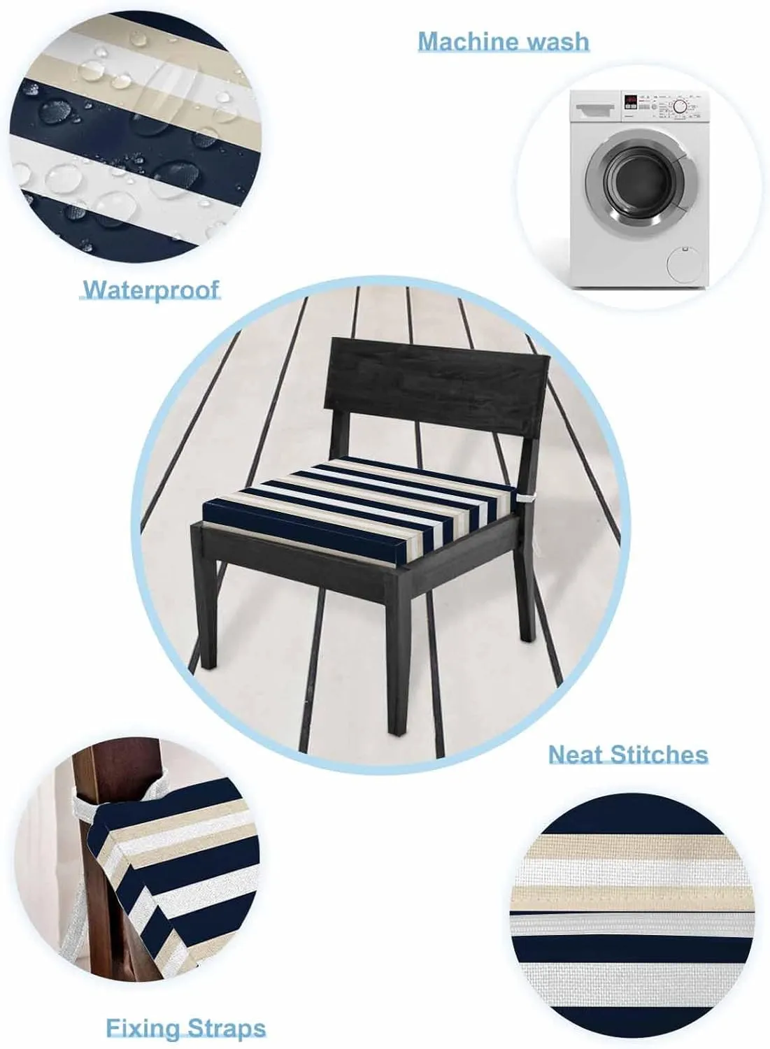 Khaki Navy Blue Striped Outdoor Cushion Chair Cover Set of 2 - Waterproof Couch Seat Covers, Farmhouse Abstract Lines Art Patio Furniture Protector Cushions Slipcovers for Sofa/RV, 22"x20"x4"