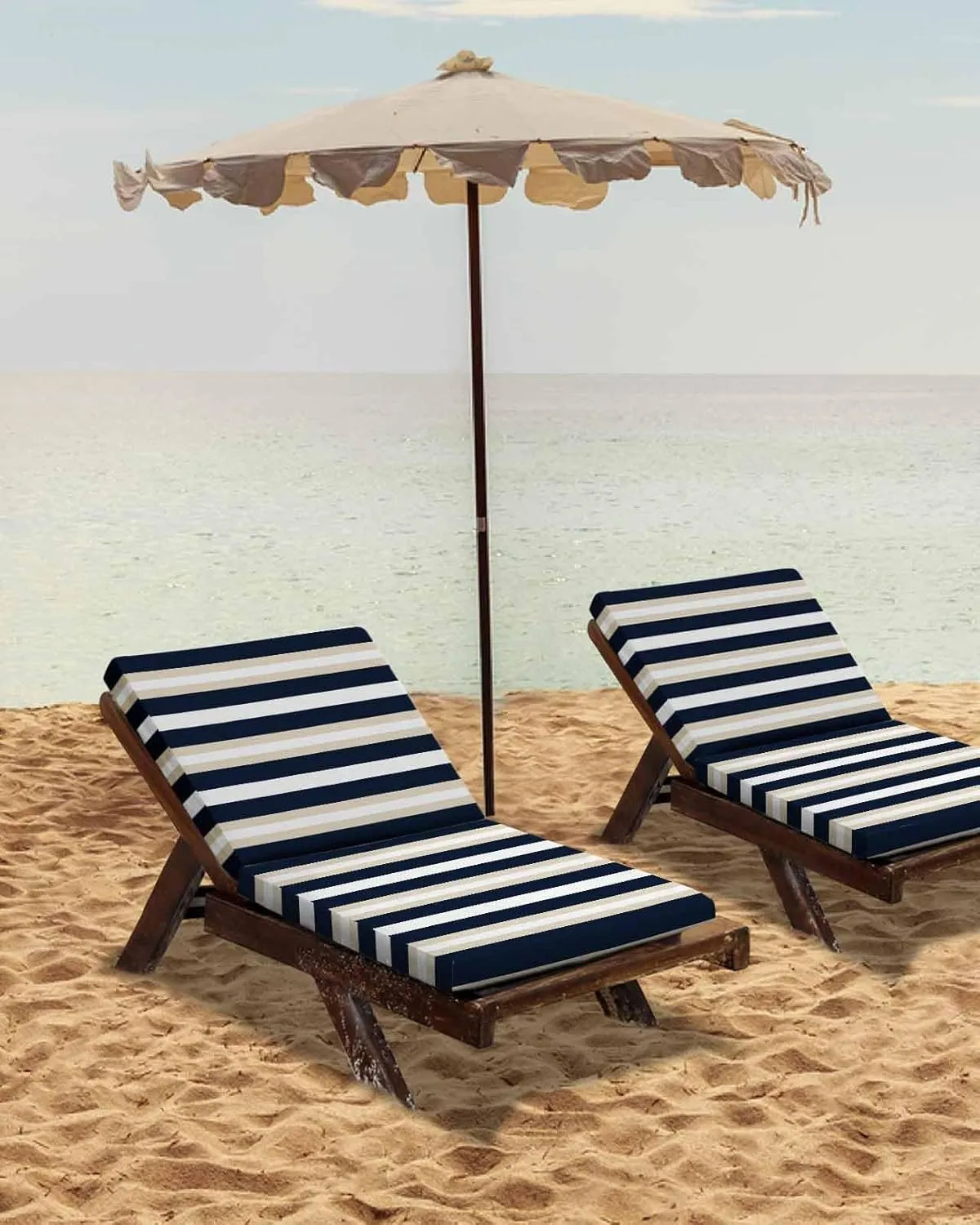 Khaki Navy Blue Striped Outdoor Cushion Chair Cover Set of 2 - Waterproof Couch Seat Covers, Farmhouse Abstract Lines Art Patio Furniture Protector Cushions Slipcovers for Sofa/RV, 22"x20"x4"