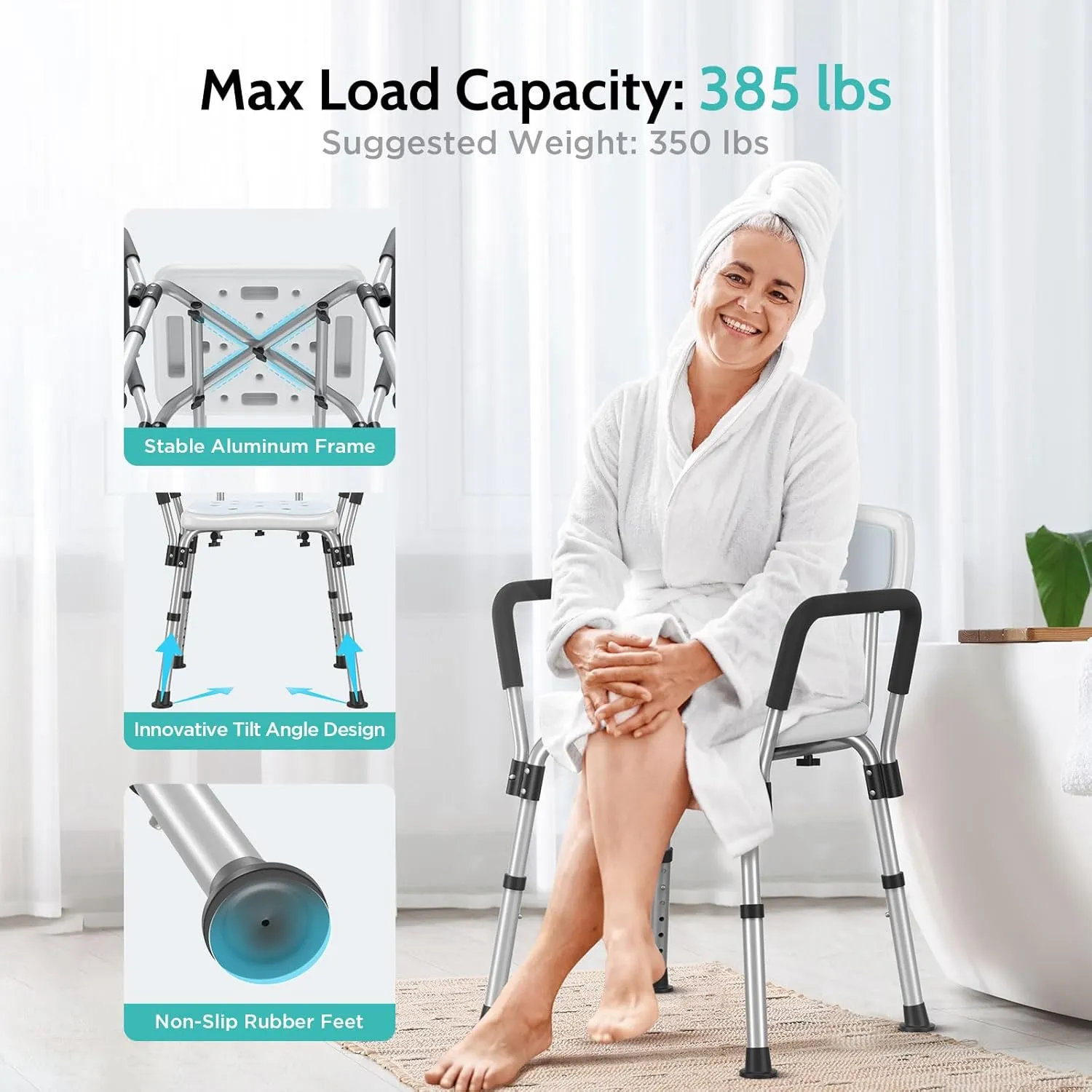 Kicimpro HSA/FSA Shower Chair for Elderly & Disabled, 10 Min Installation, Heavy Duty Bath Chair with Pad, 6 Adjustable Height Shower Seat for 5'1"-6'4" Users