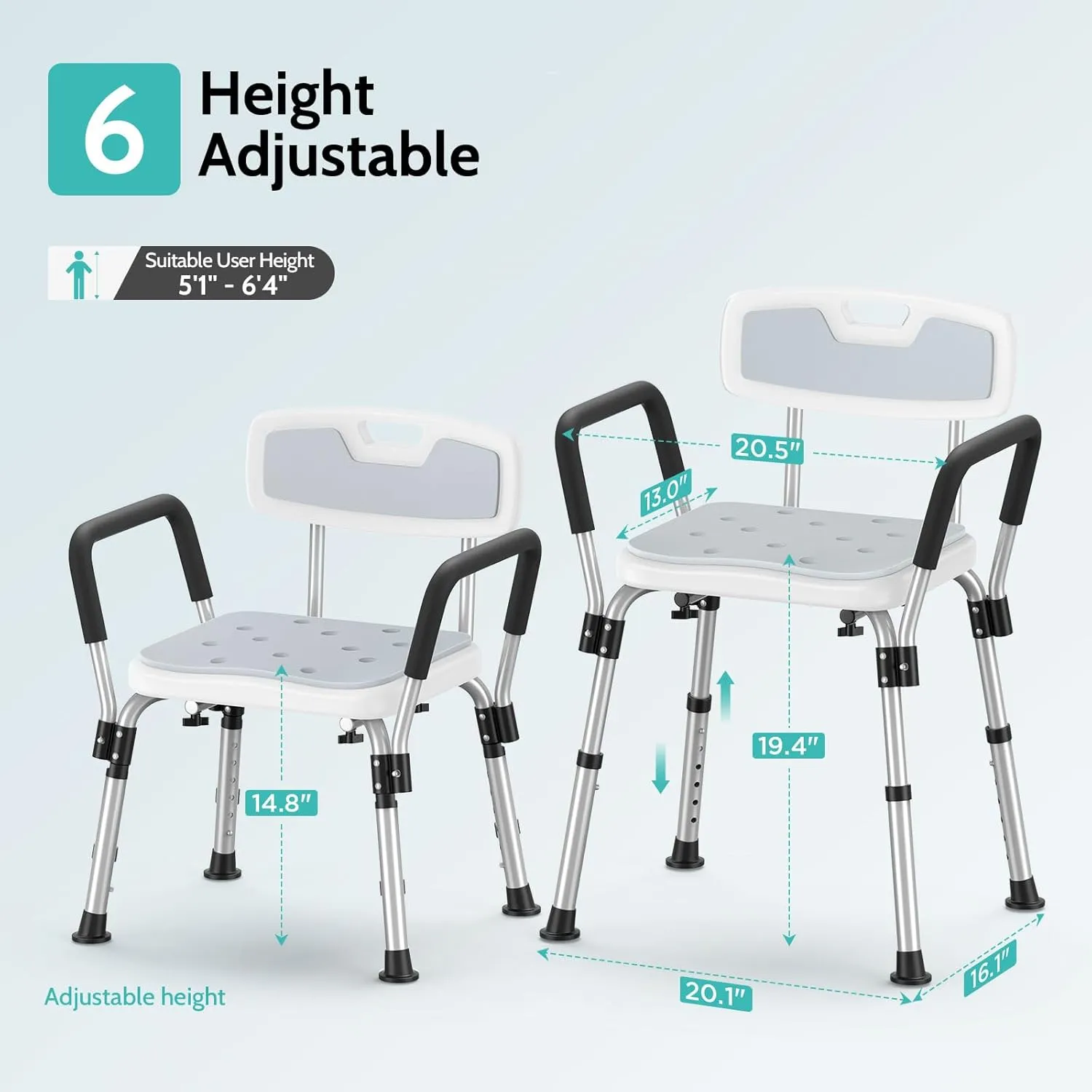Kicimpro HSA/FSA Shower Chair for Elderly & Disabled, 10 Min Installation, Heavy Duty Bath Chair with Pad, 6 Adjustable Height Shower Seat for 5'1"-6'4" Users