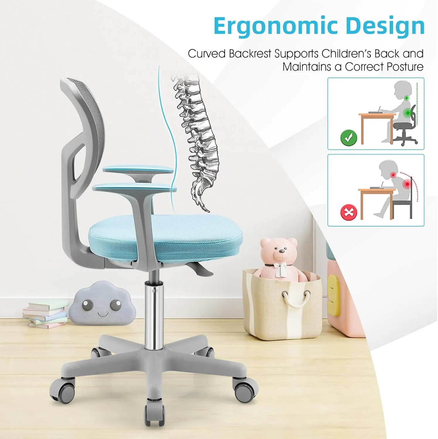 Kids Desk Chair, Ergonomic Kids Swivel Study Chair with Lumbar Support, Breathable Mesh & Auto-Lock Wheels, Height Adjustable Kids Computer Chair for Boys & Girls (Blue)
