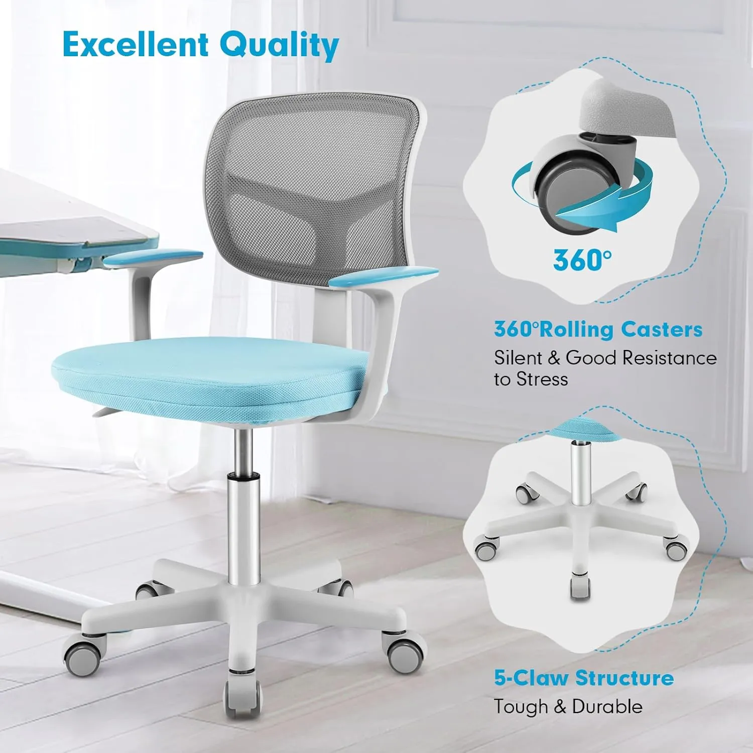 Kids Desk Chair, Ergonomic Kids Swivel Study Chair with Lumbar Support, Breathable Mesh & Auto-Lock Wheels, Height Adjustable Kids Computer Chair for Boys & Girls (Blue)