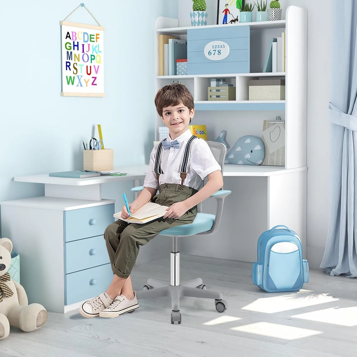 Kids Desk Chair, Ergonomic Kids Swivel Study Chair with Lumbar Support, Breathable Mesh & Auto-Lock Wheels, Height Adjustable Kids Computer Chair for Boys & Girls (Blue)