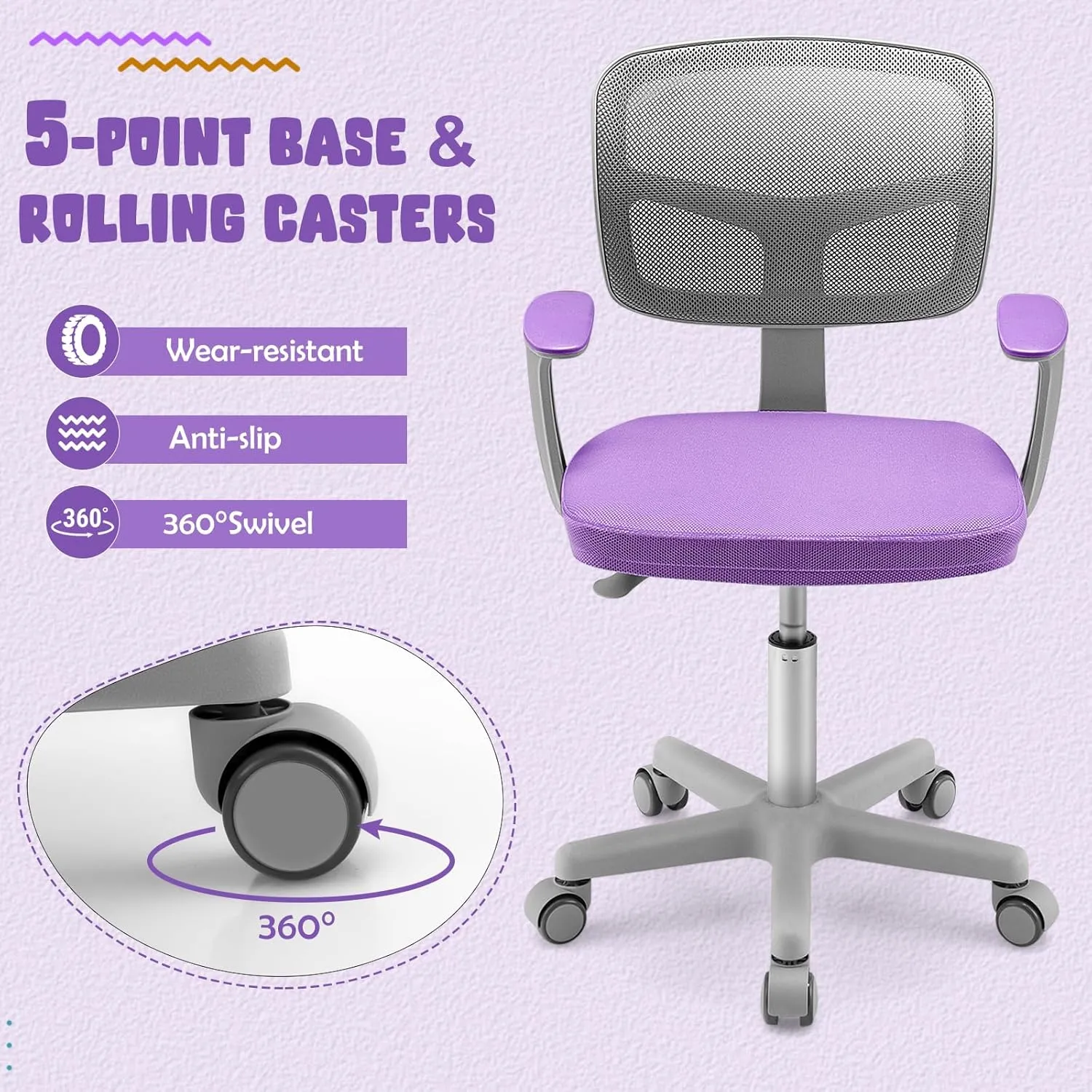 Kids Desk Chair, Ergonomic Kids Swivel Study Chair with Lumbar Support, Breathable Mesh & Universal Wheels, Height Adjustable Kids Computer Chair for Boys & Girls (Violet)