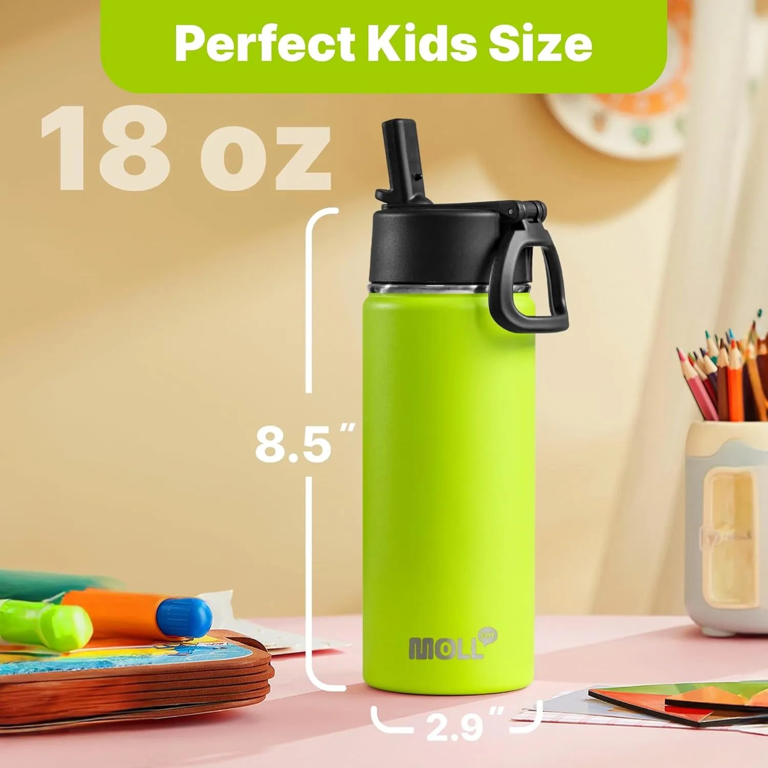 Kids Insulated Water Bottle with Straw-18 oz Stainless Steel Double Wall Vacuum Wide Mouth Water Bottle for School-Metal Travel Water Flask with Silicone Boot (Apple Green)