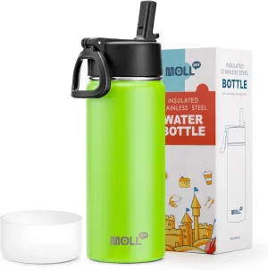 Kids Insulated Water Bottle with Straw-18 oz Stainless Steel Double Wall Vacuum Wide Mouth Water Bottle for School-Metal Travel Water Flask with Silicone Boot (Apple Green)