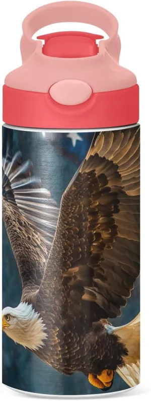 Kids Pink Insulated Water Bottle with Straw for Hot & Cold Liquid Bald Eagle Taking Flight Stainless Steel Leak Proof
