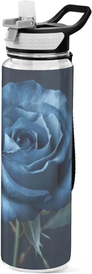 Kigai Transparent Sports Water Bottle 32oz, Blue Roses Leakproof Wide Mouth Water Bottle with Straw, BPA Free Water Jug with Detachable Strap & Handle for Fitness Gym Outdoor