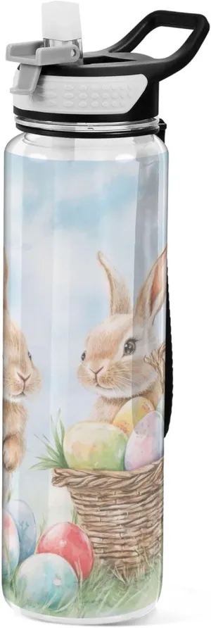 Kigai Transparent Sports Water Bottle 32oz, Bunnys with Easter Eggs Leakproof Wide Mouth Water Bottle with Straw, BPA Free Water Jug with Detachable Strap & Handle for Fitness Gym Outdoor