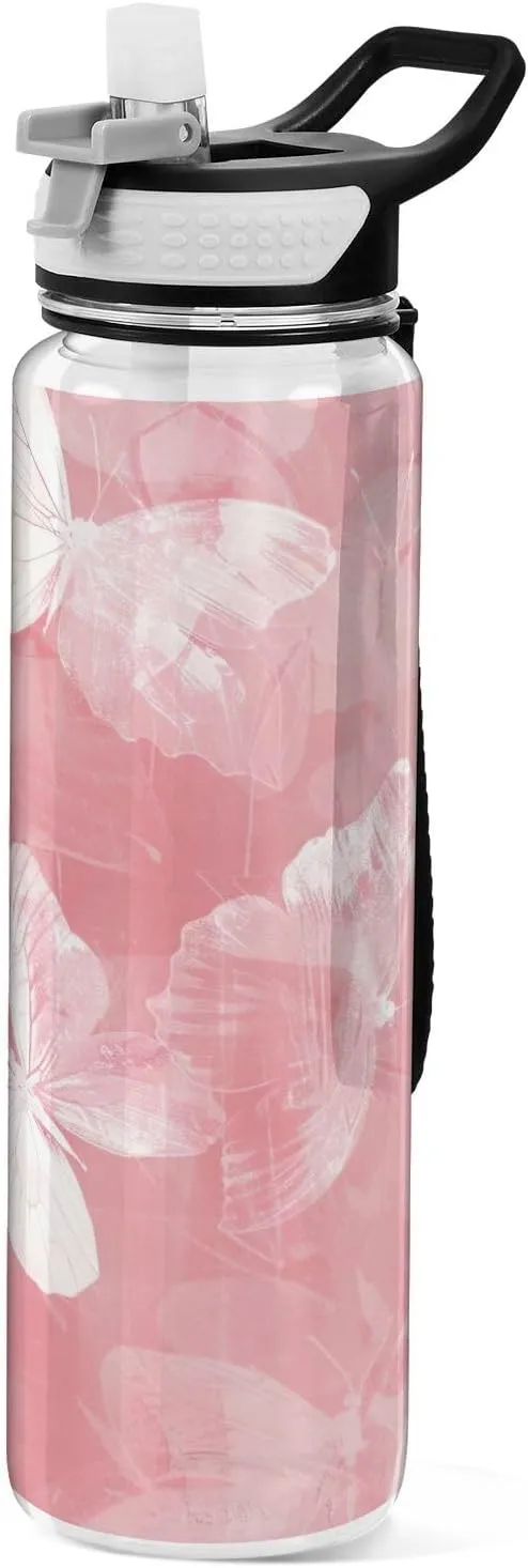 Kigai Transparent Sports Water Bottle 32oz, Butterflies Leakproof Wide Mouth Water Bottle with Straw, BPA Free Water Jug with Detachable Strap & Handle for Fitness Gym Outdoor
