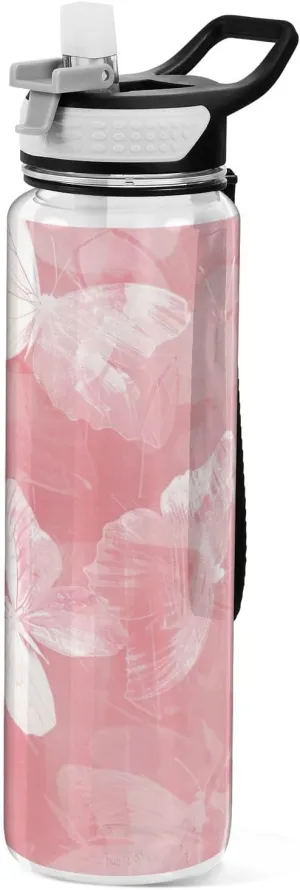 Kigai Transparent Sports Water Bottle 32oz, Butterflies Leakproof Wide Mouth Water Bottle with Straw, BPA Free Water Jug with Detachable Strap & Handle for Fitness Gym Outdoor