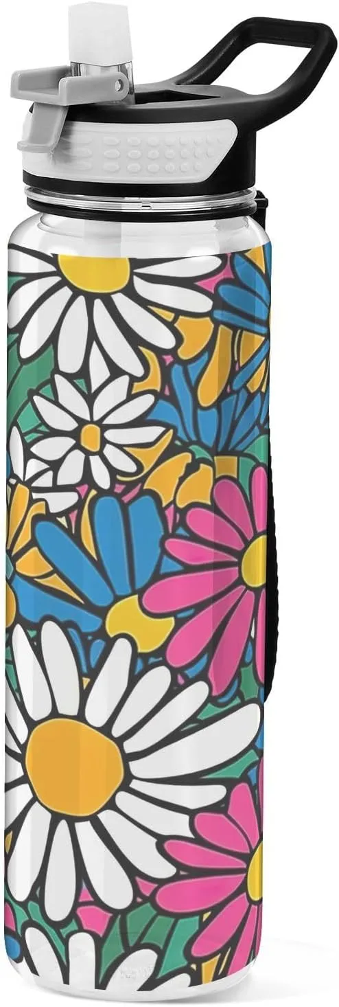 Kigai Transparent Sports Water Bottle 32oz, Colorful Daisy Flowers Leakproof Wide Mouth Water Bottle with Straw, BPA Free Water Jug with Detachable Strap & Handle for Fitness Gym Outdoor