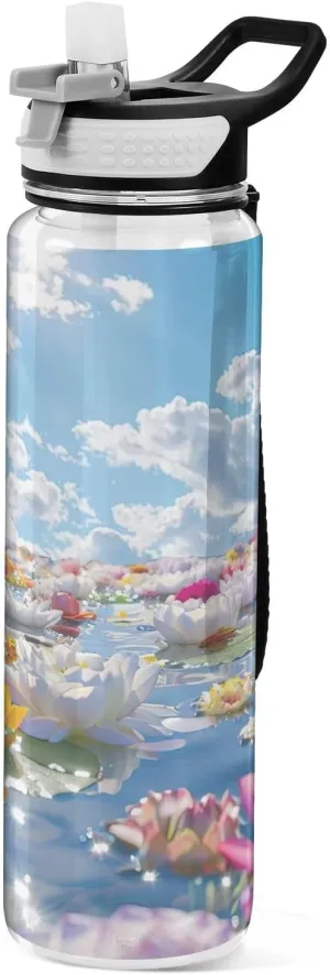 Kigai Transparent Sports Water Bottle 32oz, Flower under Sea Leakproof Wide Mouth Water Bottle with Straw, BPA Free Water Jug with Detachable Strap & Handle for Fitness Gym Outdoor