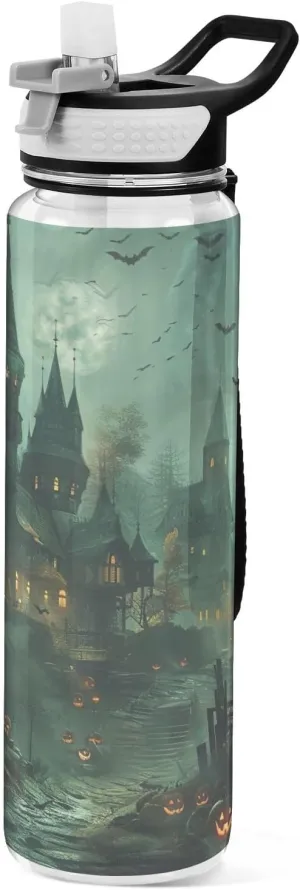 Kigai Transparent Sports Water Bottle 32oz, Halloween Castle Leakproof Wide Mouth Water Bottle with Straw, BPA Free Water Jug with Detachable Strap & Handle for Fitness Gym Outdoor