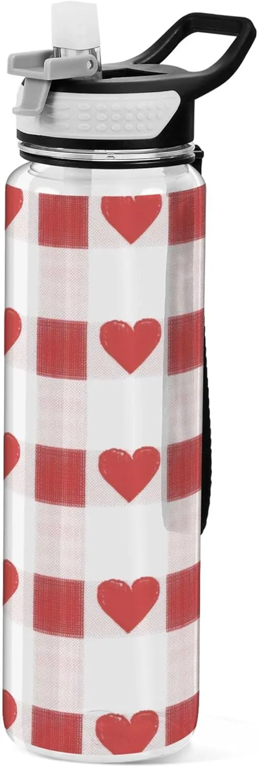 Kigai Transparent Sports Water Bottle 32oz, Heart Plaid Leakproof Wide Mouth Water Bottle with Straw, BPA Free Water Jug with Detachable Strap & Handle for Fitness Gym Outdoor