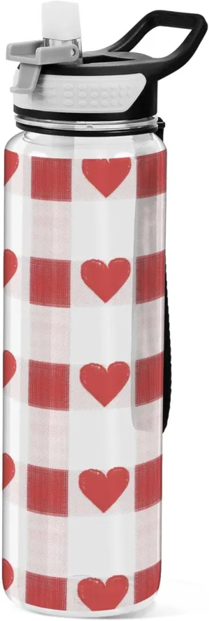 Kigai Transparent Sports Water Bottle 32oz, Heart Plaid Leakproof Wide Mouth Water Bottle with Straw, BPA Free Water Jug with Detachable Strap & Handle for Fitness Gym Outdoor