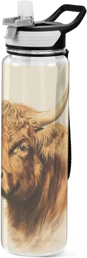 Kigai Transparent Sports Water Bottle 32oz, Highland Cow Leakproof Wide Mouth Water Bottle with Straw, BPA Free Water Jug with Detachable Strap & Handle for Fitness Gym Outdoor