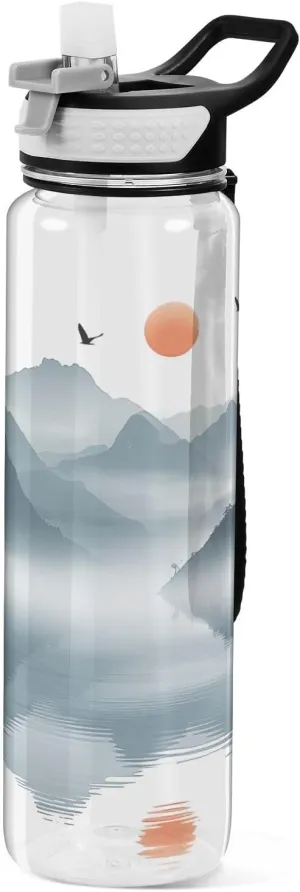Kigai Transparent Sports Water Bottle 32oz, Ink Mountain Painting Leakproof Wide Mouth Water Bottle with Straw, BPA Free Water Jug with Detachable Strap & Handle for Fitness Gym Outdoor