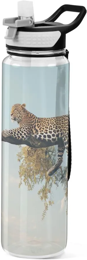 Kigai Transparent Sports Water Bottle 32oz, Leopard on Branch Leakproof Wide Mouth Water Bottle with Straw, BPA Free Water Jug with Detachable Strap & Handle for Fitness Gym Outdoor